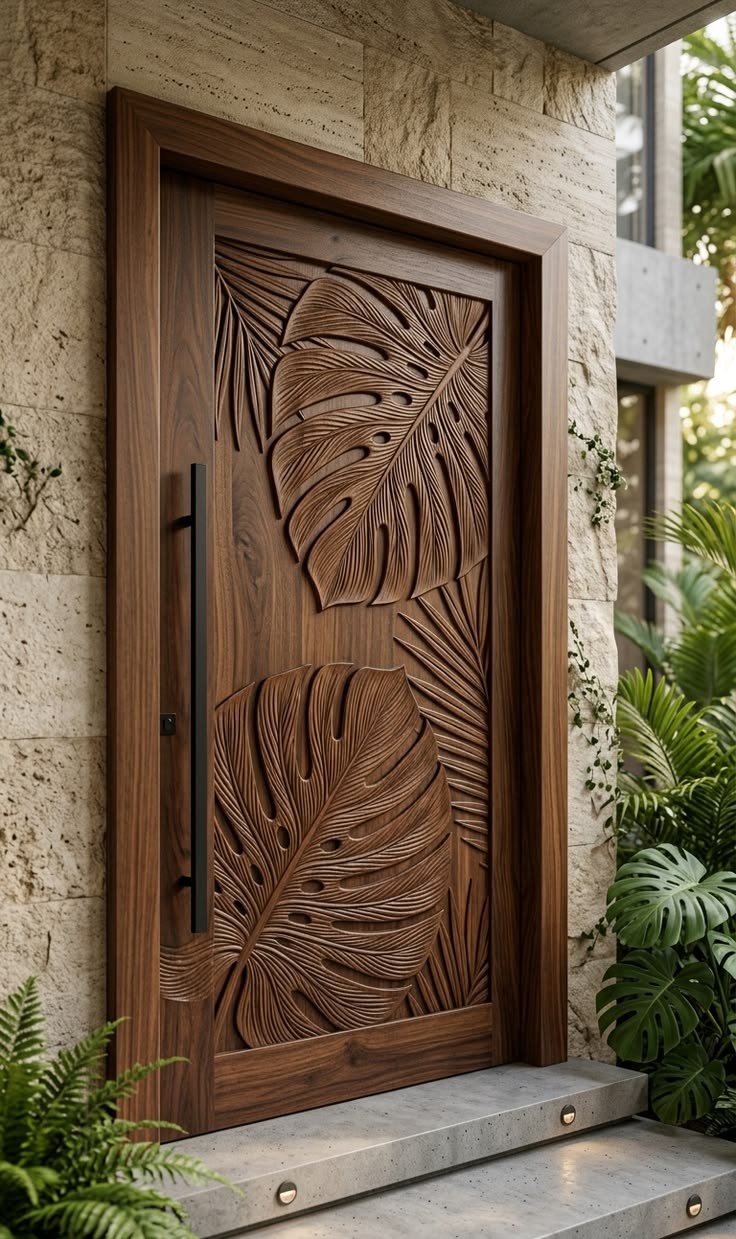 Puerta principal de madera con hojas de monstera talladas en relieve, instalada en fachada de piedra